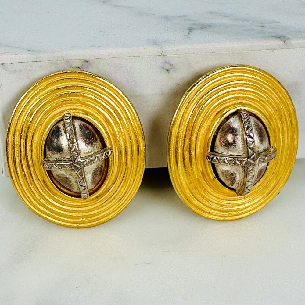 Vintage C. Stein Clip On Earrings Large Matte Gold-Tone Antiqued Silver Oval